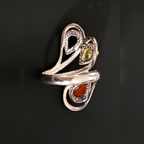 Ring Sz 7.5 Multicolor Baltic Amber and Sterling Silver Fabulous Statement Style - Picture 2 of 3